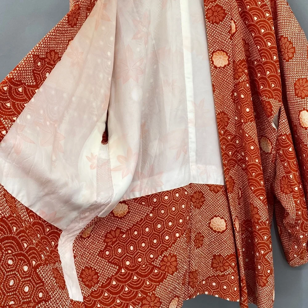 Vintage 60s 70s Orange Floral True Kimono Jacket Textured Hippie Psychedelic - Picture 6 of 14